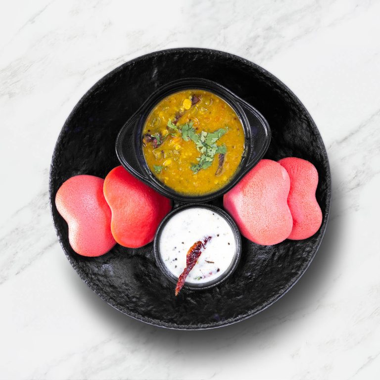 Beetroot Idli with Sambhar and Coconut Chutney