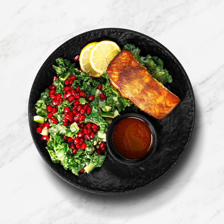 Teriyaki Grilled Salmon with Kale Pomegranate Salad